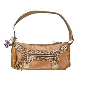 Nine West Y2K Leopard Print Shoulder Bag Tan Brown Charms Buckle Detail